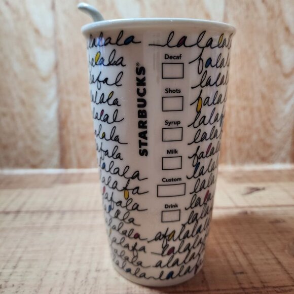 2011 STARBUCKS Falala Travel Mug Holiday Fa La La Double Wall Ceramic & Lid 12oz - Picture 10 of 11